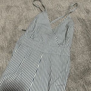 Long legged romper, light blue stripes, straps cute back!